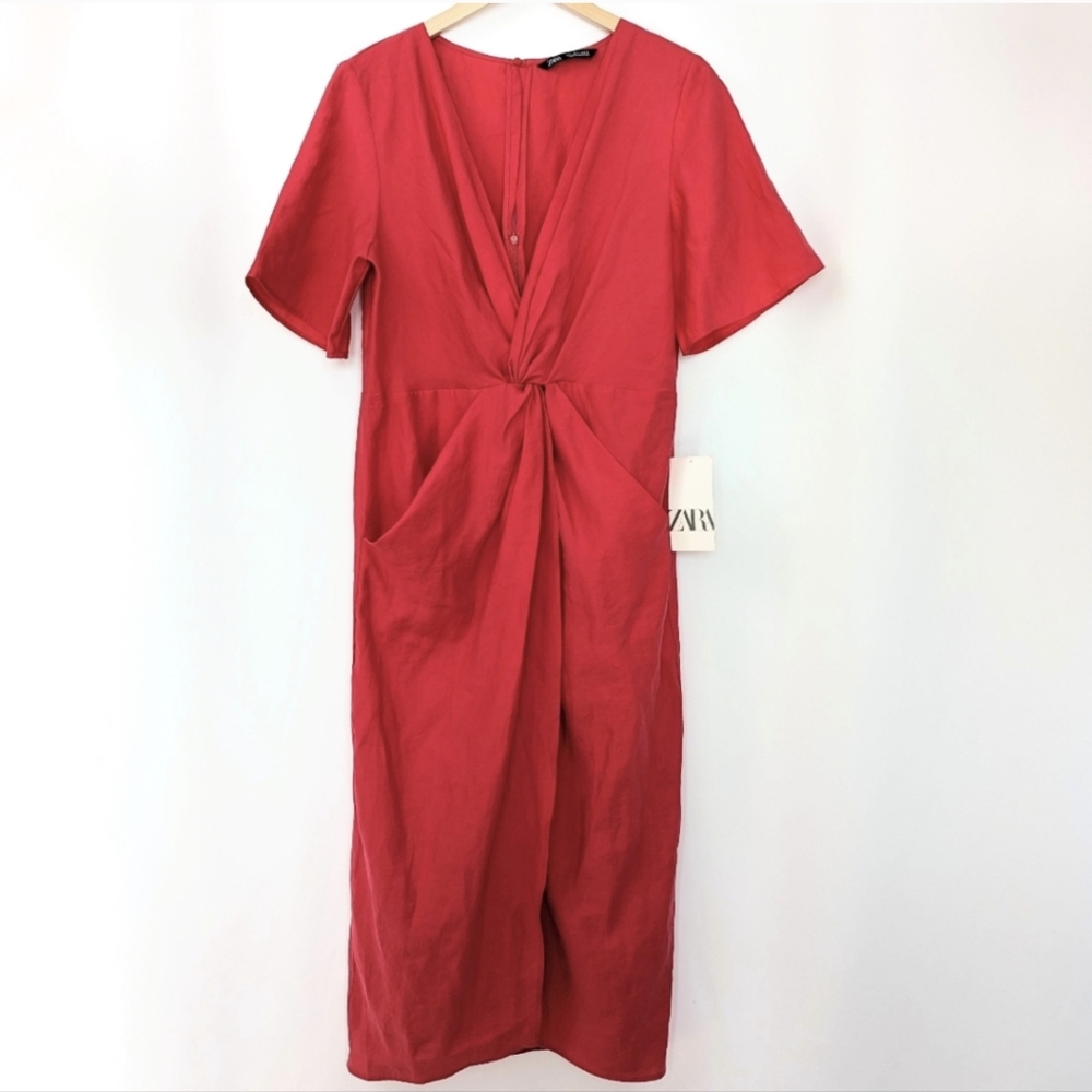 NWT Zara Midi Dress Sarong Style Twist Front Plunging Neckline Pockets Beachy L - Picture 4 of 17